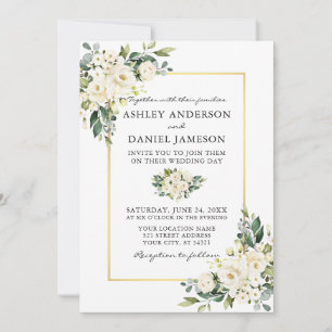 Watercolor White Floral Greenery Gold Wedding Invitation