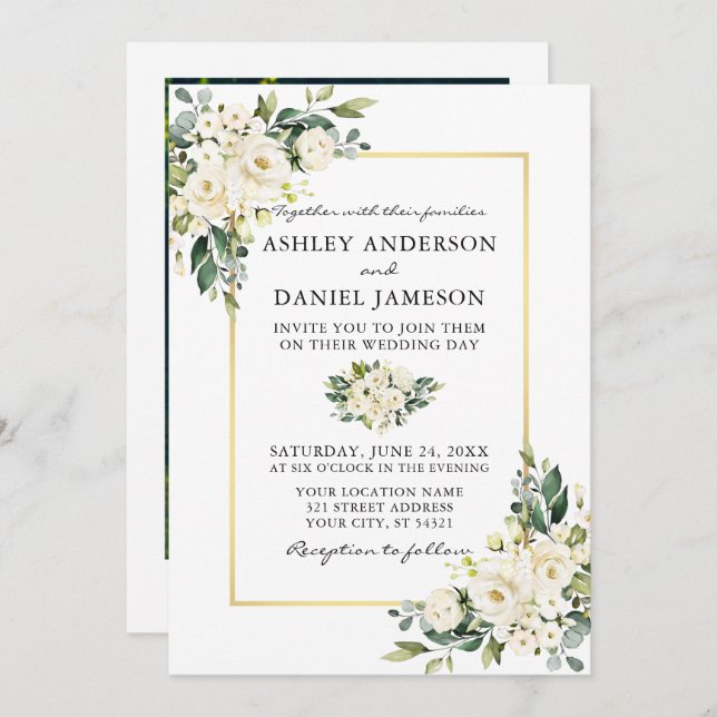 Watercolor White Floral Greenery Photo Wedding Invitation (Front/Back)