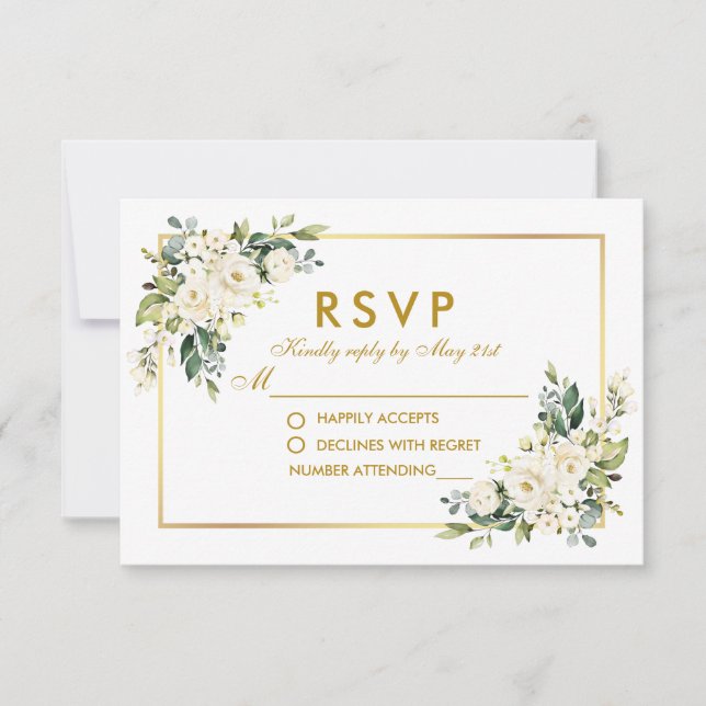 Watercolor White Floral Greenery Wedding Gold RSVP Card (Front)