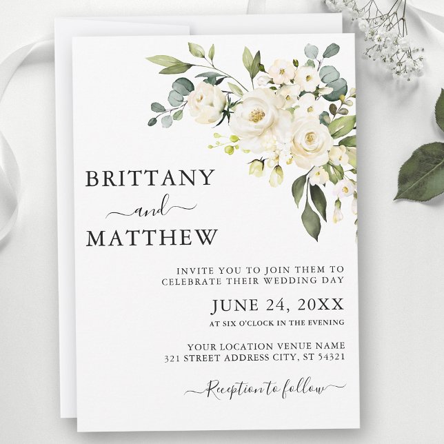 Watercolor White Floral Greenery Wedding Invitation (Customize to change text size, color or text style.)