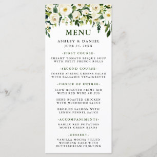 Watercolor White Floral Greenery Wedding Menu