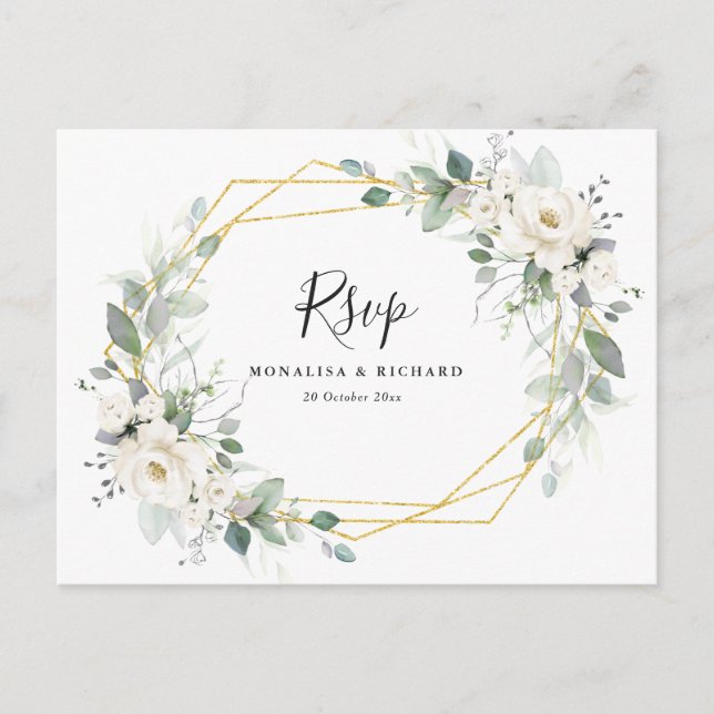 Watercolor white floral greenery wedding RSVP Postcard (Front)