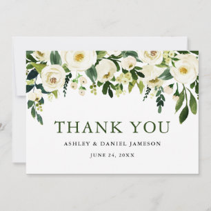 Watercolor White Floral Greenery Wedding Thank You Card