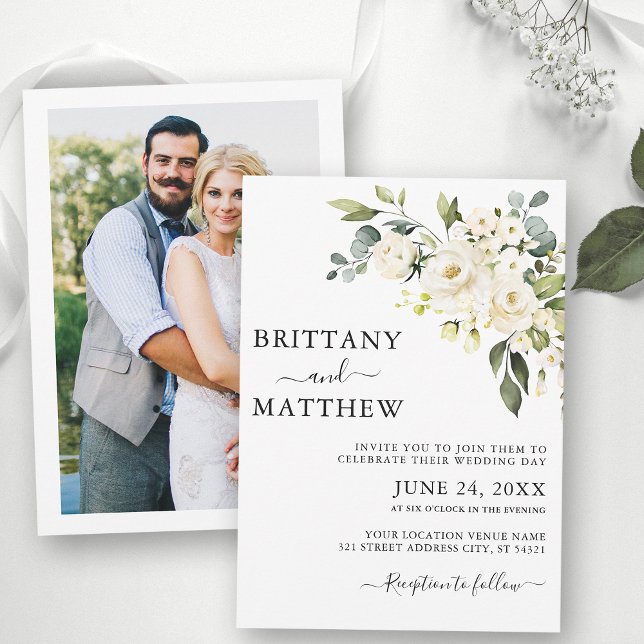 Watercolor White Floral Photo Back Wedding Invitation (Customize to change text size, color or text style.)