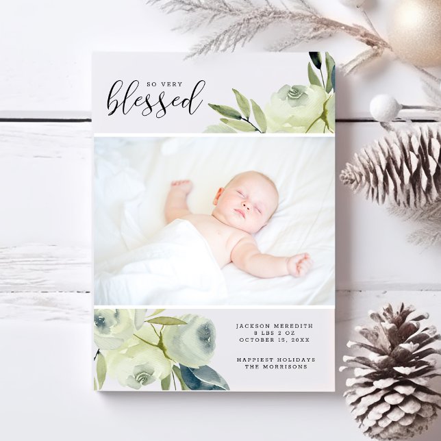 Watercolor White Floral Photo Birth Announcement (Creator Uploaded)