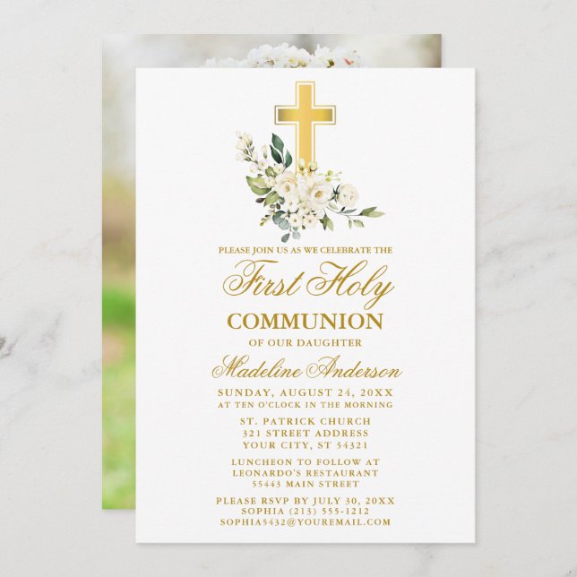 Watercolor White Floral Photo First Communion Invitation (Front/Back)