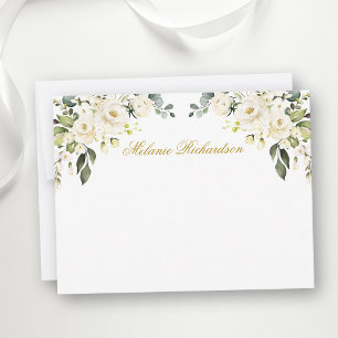 Watercolor White Floral Roses Gold Personalised Card