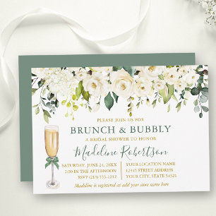 Watercolor White Floral Sage Green Bridal Brunch Invitation