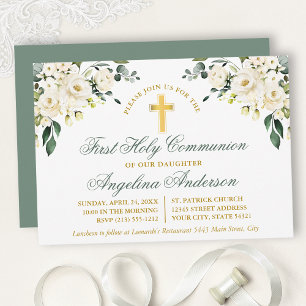 Watercolor White Floral Sage Green Gold Communion Invitation