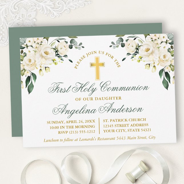 Watercolor White Floral Sage Green Gold  Invitation (Customize to change text color, size, style or to change color of back of card.)