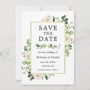 Watercolor White Floral Save The Date Card