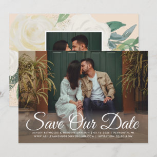 Watercolor White Floral Two Photo Wedding Save The Date