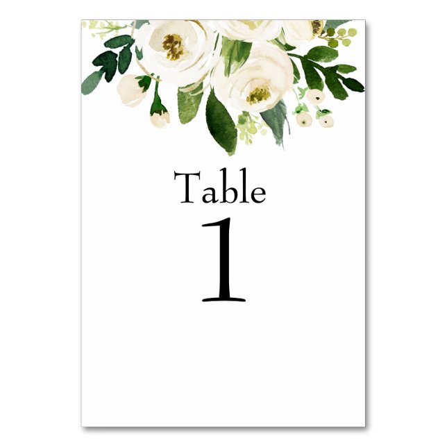 Watercolor White Floral Wedding Black Text Table Number (Front)