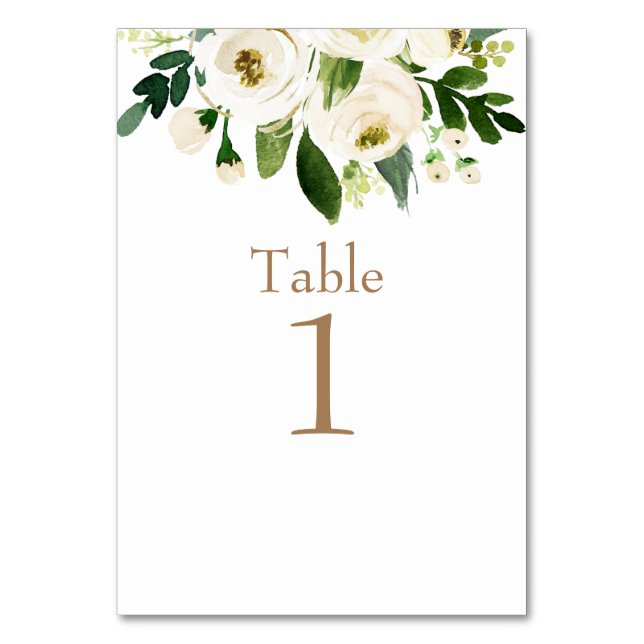 Watercolor White Floral Wedding Gold Text Table Number (Front)