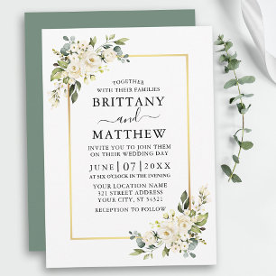 Watercolor White Floral Wedding Sage Green Invitation