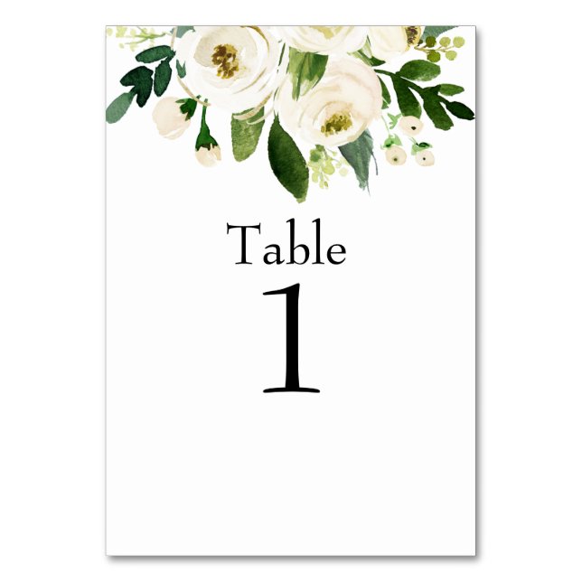 Watercolor White Floral Wedding  Table Number (Front)