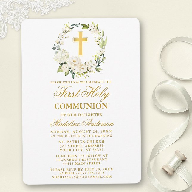 Watercolor White Floral Wreath Gold Communion Invitation (Customize to change text color, size, style or to add photos or more text to back of card.)