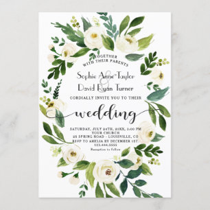 Watercolor White Floral Wreath Handwriting Wedding Invitation