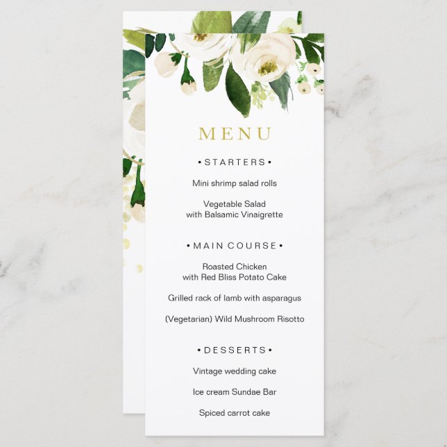Watercolor White Flower Wedding Menu (Front/Back)
