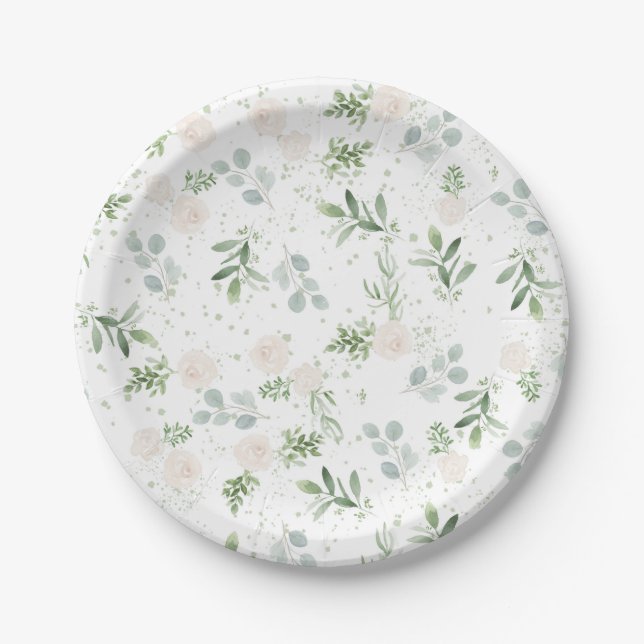 Watercolor White Flowers and Eucalyptus Leaves Paper Plate (Front)