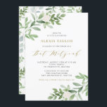 Watercolor White Flowers and Greenery Bat Mitzvah Invitation<br><div class="desc">Invite family and friends with this whimsical greenery invitation. This bat mitzvah invitation features watercolour illustrations of green foliage and white flowers and a matching greenery pattern with gold script. Personalise by adding names, date, time, venue and other event details. This invitation is perfect for spring and garden bat mitzvahs....</div>