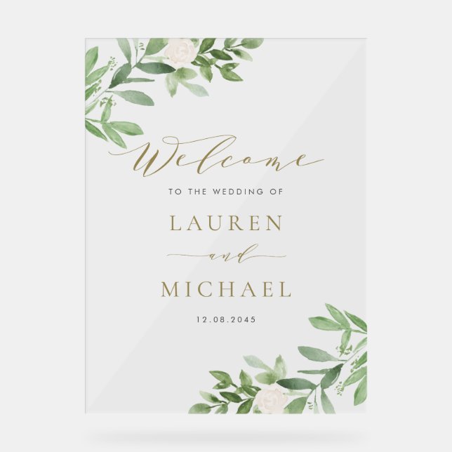 Watercolor White Flowers and Greenery Wedding Acrylic Sign (Front)