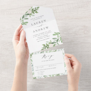 Watercolor White Flowers and Greenery Wedding All In One Invitation