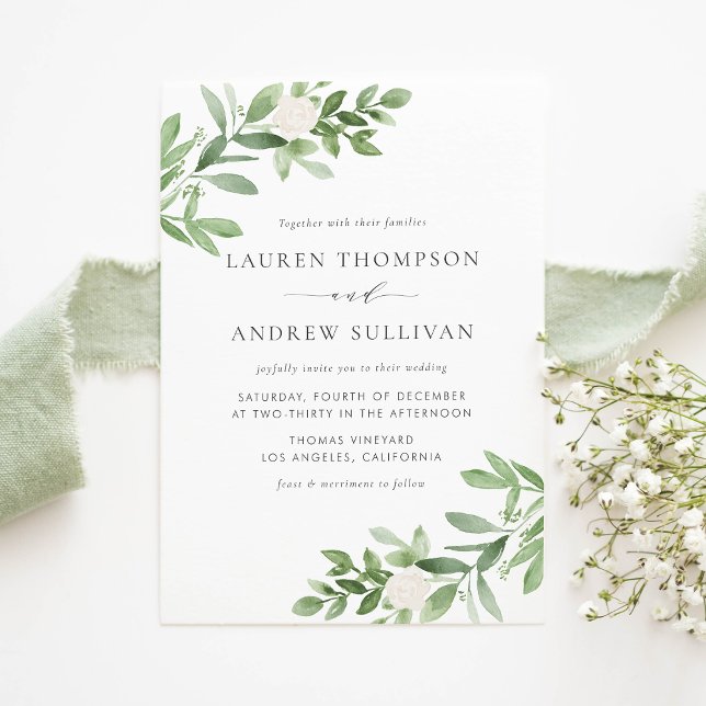 Watercolor White Flowers and Greenery Wedding Invitation Postcard (Watercolor White Flowers and Greenery Wedding Invitation Postcard)