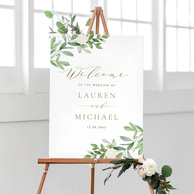Watercolor White Flowers and Greenery Wedding Poster (Customizable watercolor wedding welcome sign featuring watercolor greenery and white flowers)
