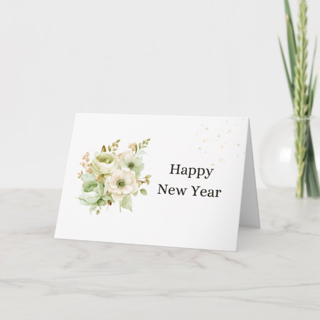 Watercolor white flowers Elegant New Year Card  (Front)