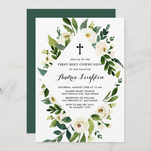 Watercolor White Flowers First Holy Communion Invitation (Front/Back)
