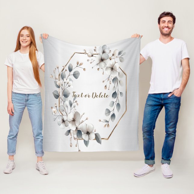 Watercolor White Flowers Golden Frame Silver Teal Fleece Blanket (In Situ)