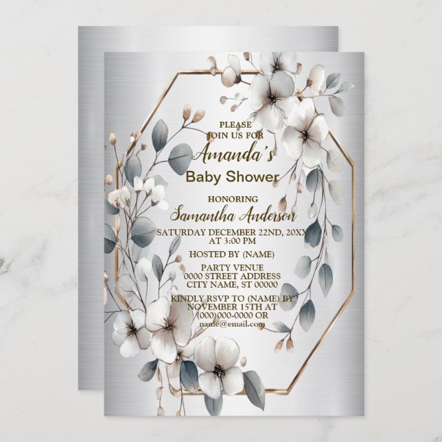 Watercolor White Flowers Golden Frame Silver Teal Invitation (Front/Back)
