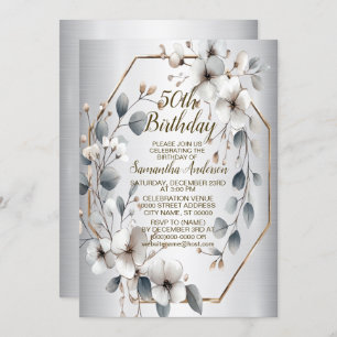 Watercolor White Flowers Golden Frame Silver Teal Invitation