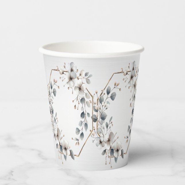 Watercolor White Flowers Golden Frame Silver Teal Paper Cups (Front)