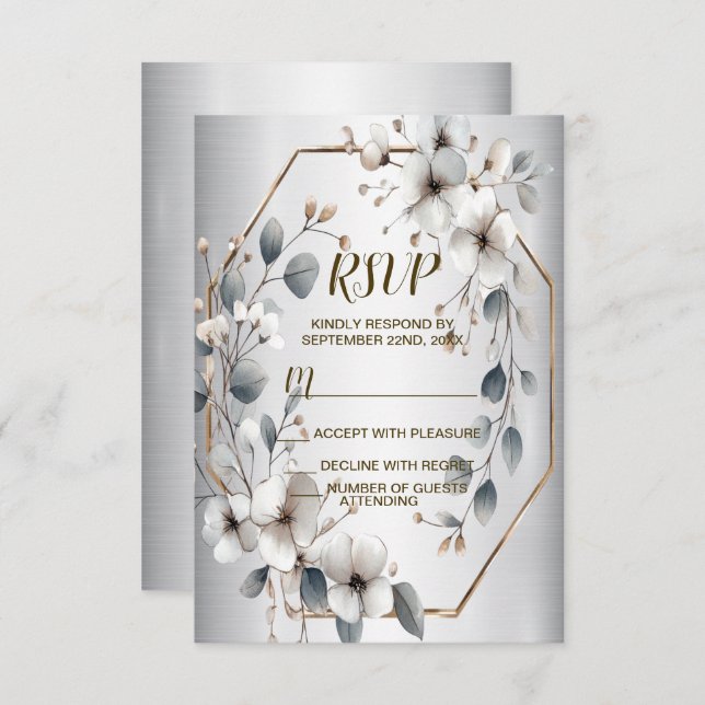 Watercolor White Flowers Golden Frame Silver Teal RSVP Card (Front/Back)