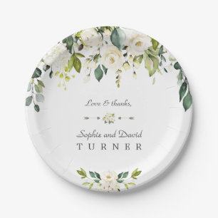 Watercolor White Flowers Green Foliage Wedding Paper Plate