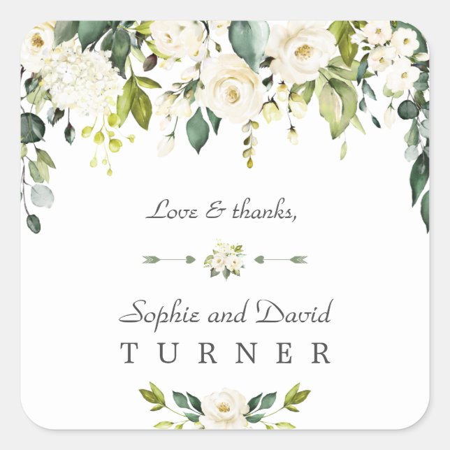 Watercolor White Flowers Green Foliage Wedding Square Sticker (Front)