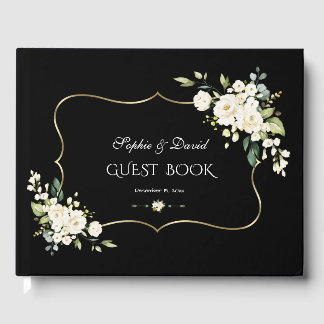 Watercolor White Flowers Green Gold Black Wedding Guest Book