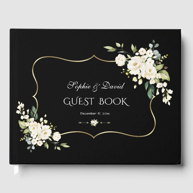 Watercolor White Flowers Green Gold Black Wedding Guest Book (Front)