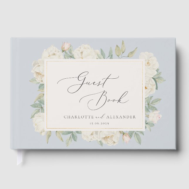 Watercolor white flowers, light blue  Guestbook (Front)