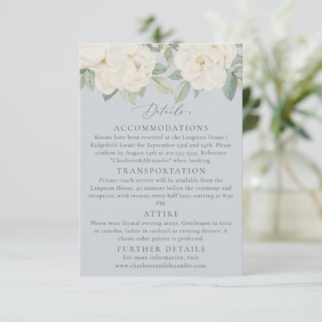 Watercolor white flowers, light paster blue  enclosure card (Standing Front)