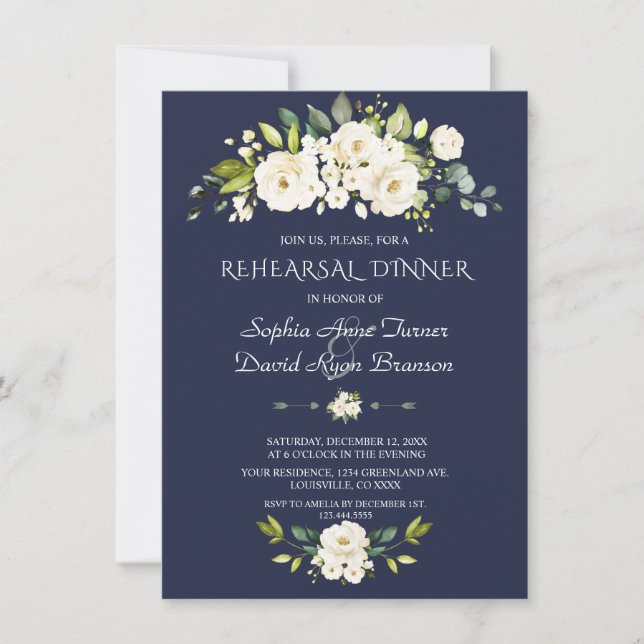 Watercolor White Flowers Navy Rehearsal Dinner Invitation (Front)