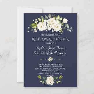 Watercolor White Flowers Navy Rehearsal Dinner Invitation