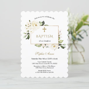 Watercolor White Flowers Rose Gold Baptism  Invitation