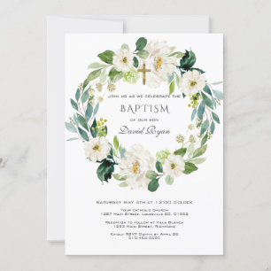 Watercolor White Flowers Wreath Cross Baptism Invitation
