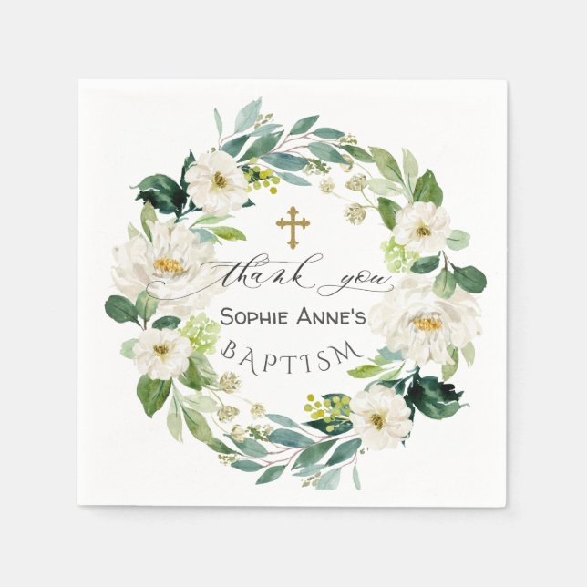 Watercolor White Flowers Wreath Cross Baptism   Napkin (Front)