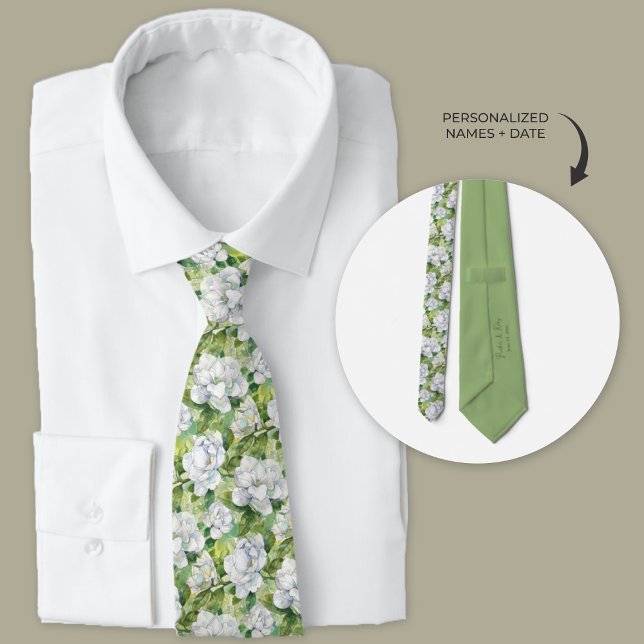 Watercolor White Gardenia Floral Groomsmen Tie (Watercolor white gardenia floral wedding necktie for groom and groomsmen.)
