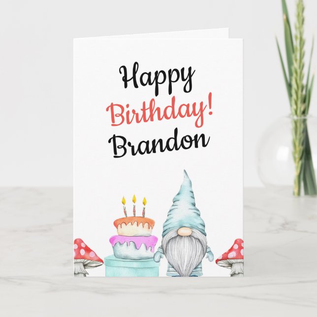 Watercolor White Gnome Mushroom Birthday Card (Front)