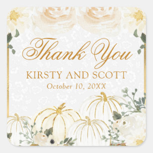 Watercolor White Gold Floral Fall Pumpkin Wedding Square Sticker